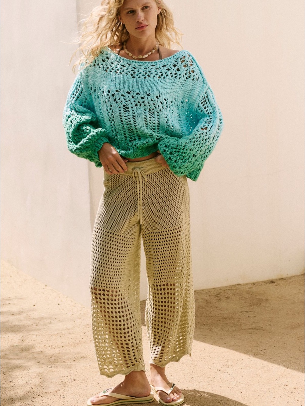 Free People Ombre Crochet Pullover Sweater in Aqua to Green
